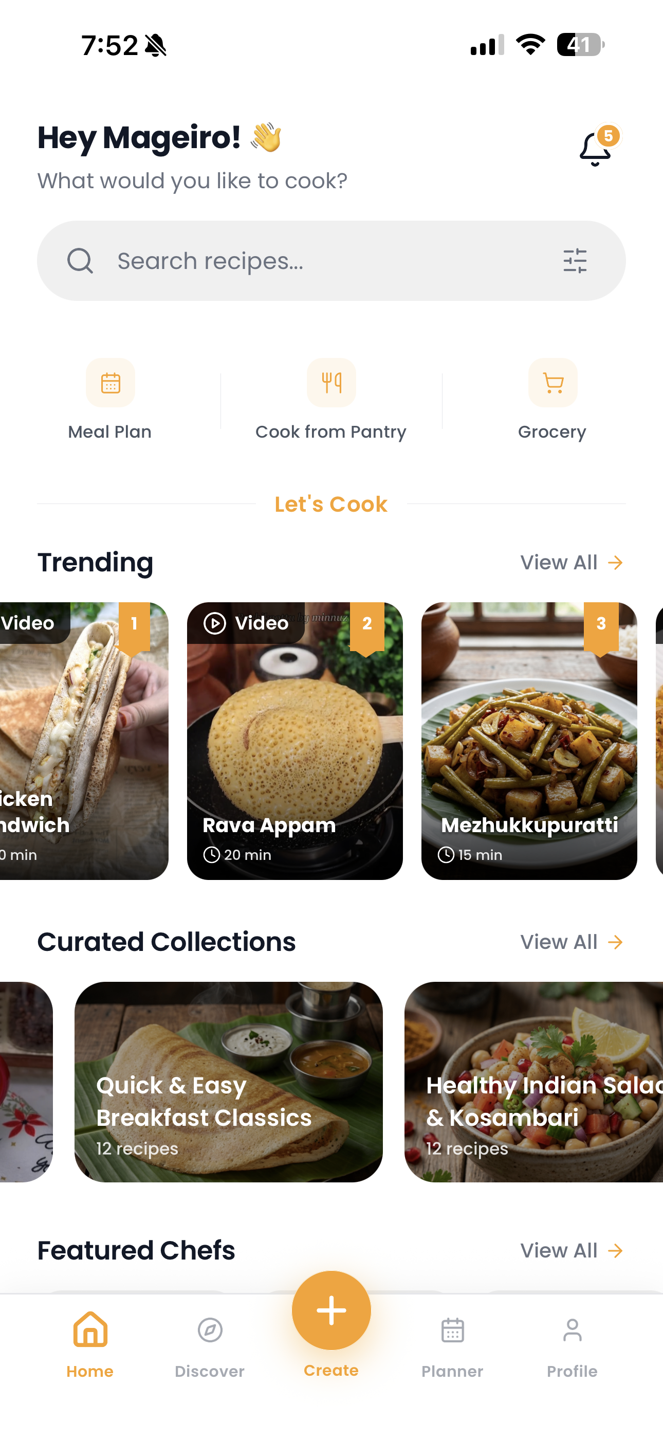 Mageiro app home screen showing trending recipes, curated collections, and featured chefs