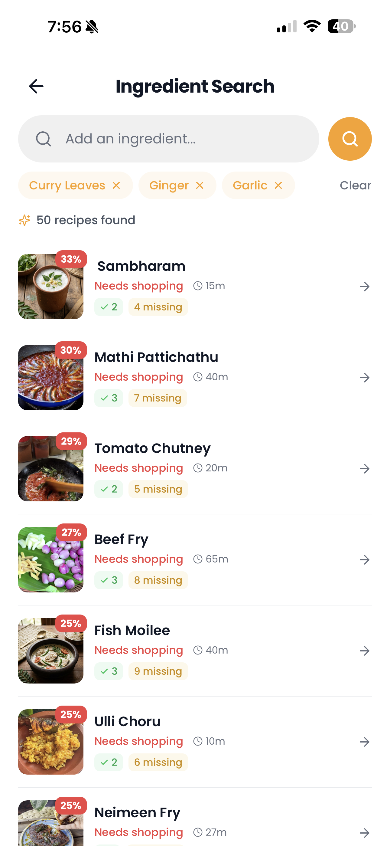 Mageiro ingredient search showing recipes matching your available ingredients